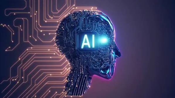 Tête stylisée d'intelligence artificielle sur circuit imprimé